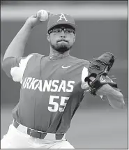  ?? NWA Democrat-Gazette/ANDY SHUPE ?? Arkansas pitcher Isaiah Campbell was pulled after three batters in Sunday’s 4-3 victory over Dallas Baptist, but Coach Dave Van Horn said he has confidence in Campbell.