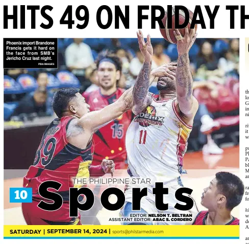  ?? PBA IMAGES ?? Phoenix import Brandone Francis gets it hard on the face from SMB’s Jericho Cruz last night.