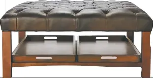  ?? ARHAUS VIA ASSOCIATED PRESS ?? Arhaus’ Butler tufted leather ottoman has hardwood legs and two handy trays that tuck under the base.