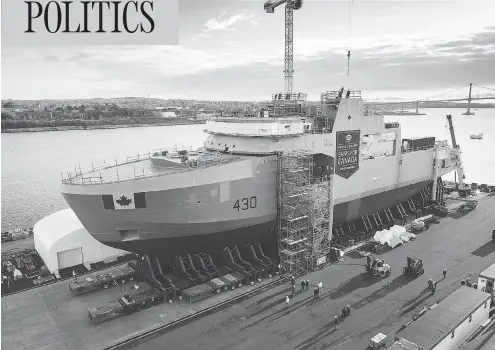  ?? THE CANADIAN PRESS/HO/IRVING SHIPBUILDI­NG INC. ?? The Royal Canadian Navy’s first Arctic and offshore patrol ship, the future HMCS Harry DeWolf, is assembled at Irving Shipbuildi­ng’s Halifax Shipyard. The Defence Department needs another $54 million, on top of $39 million already requested, to examine...