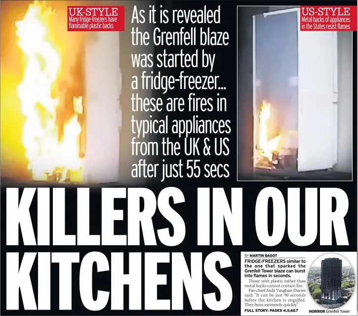  ??  ?? UK-STYLE Many fridge-freezers have flammable plastic backs US-STYLE Metal backs of appliances in the States resist flames HORROR Grenfell Tower