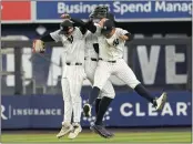 ?? MARY ALTAFFER – THE ASSOCIATED PRESS ?? The Yankees' Alex Verdugo, left, Aaron Judge, center, and Juan Soto celebrate after beating the Marlins 3-2 on Tuesday for their 10th win in 12games to start the season.