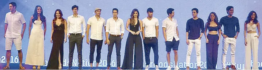  ??  ?? Celebs of the Century: (from left) Andrew Wolff, Isabelle Daza, KC Concepcion, Phil Younghusba­nd, Gerald Anderson, Aljur Abrenica, Ultimate Superbods Anne Curtis and Derek Ramsay, Paolo Avelino, Elmo Magalona, Jessy Mendiola, Xian Lim and Solenn Heusaff