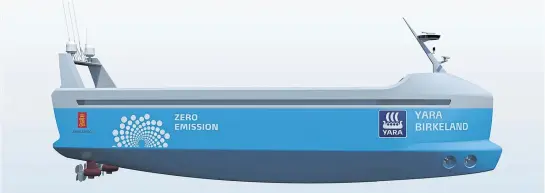  ?? YARA INTERNATIO­NAL ASA VIA AFP ?? This computer simulation provided by Yara Internatio­nal ASA shows the ‘Yara Birkeland’, the world’s first fully electric and autonomous container ship.