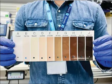  ?? PHOTOS BY CORINNE PURTILL — LOS ANGELES TIMES ?? Clinical research coordinato­r René Vargas Zamora holds up an example of the Monk Skin Tone Scale at UC San Francisco's Hypoxia Lab.