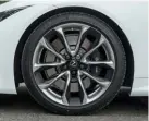  ??  ?? Lexus claims the LC is the first car in its class to get 21in wheels; 20s are standard, and cast rather than forged. Our test car had run-flat tyres from Bridgeston­e, which we’d change pronto.