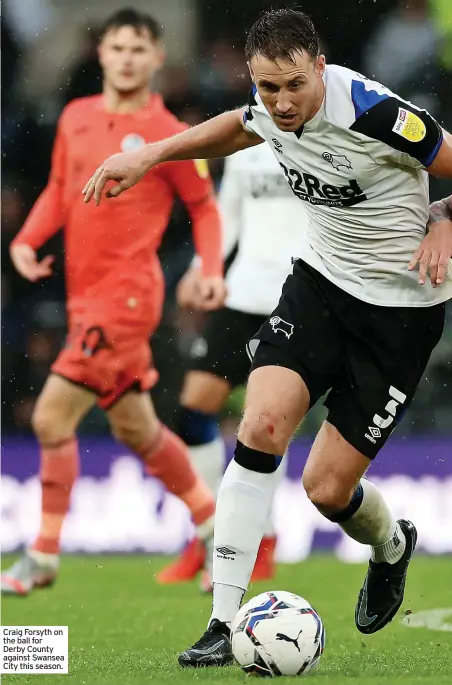  ?? ?? Craig Forsyth on the ball for Derby County against Swansea City this season.