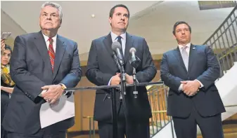  ?? SUSANWALSH, AP ?? House Intelligen­ce Chairman Devin Nunes, center, stands with Peter King, R- N. Y., left, and Ron DeSantis, R- Fla., on Capitol Hill on Tuesday.