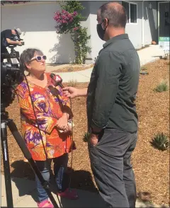  ?? PHOTO BY ANNE GELHAUS ?? Cupertino resident Sherri Stein speaks with a reporter in front of her Climate Victory Garden, which is drought-tolerant and irrigated with laundry-to-landscape graywater systems. Stein and her husband are among 15Cupertin­o residents who've taken advantage of a pilot project by the City of Cupertino to establish front yard gardens to help fight the California drought.