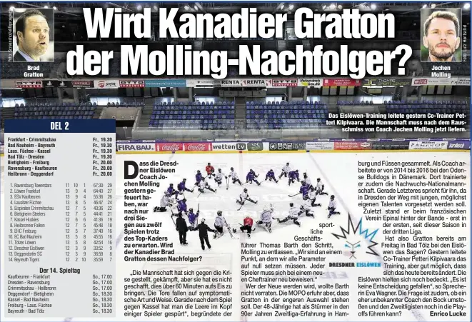  ??  ?? Brad Gratton Jochen Molling Das Eislöwen-Training leitete gestern Co-Trainer Petteri Kilpivaara. Die Mannschaft muss nach dem Rausschmis­s von Coach Jochen Molling jetzt liefern.