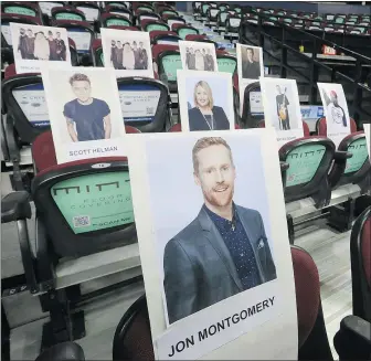  ?? GAVIN YOUNG/POSTMEDIA NEWS ?? Seat cards showcase Juno hosts and talent at the Calgary Saddledome. The Junos Awards will be broadcast on Sunday.