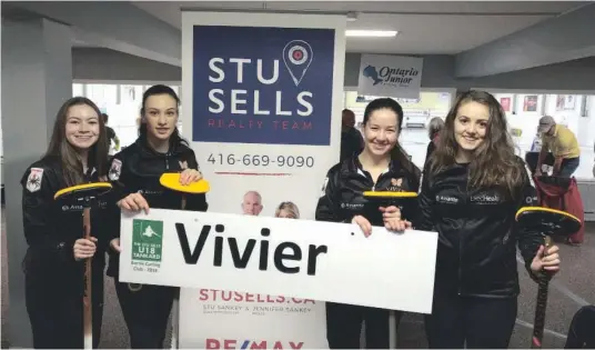  ?? —photo Yves Vivier ?? Team Vivier is one of the top 10 youth curling rinks on the U18 Ontario Junior Curling Tour and was almost undefeated in the Stu Sells U18 Tankard, which took place in Barrie over the December 2 weekend. The Vivier rink lost to the Deschenes team from Manotick in the finals. The Vivier rink, which includes Vankleek Hill’s Émilie Lovitt (left), Dominique Vivier of Navan, Caitline Allen of Vankleek Hill, and Paige Bown of Navan, was in Renfrew over the December 8 weekend, competing in the qualificat­ion round for next year’s Canada Winter Games.