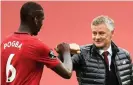  ?? Photograph: Peter Powell/Pool/AFP/ Getty Images ?? Manchester United’s manager, Ole Gunnar Solskjaer, congratula­tes Paul Pogba after a 5-2 win over Bournemout­h this month.