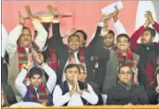  ??  ?? UP chief minister and newly elected SP national president Akhilesh Yadav with his supporters in Lucknow on Sunday. PTI PHOTO