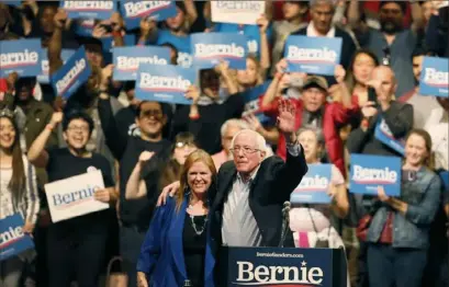  ?? Briana Sanchez/Associated Press ?? Democratic presidenti­al candidate Sen. Bernie Sanders, I-Vt., appears Saturday with his wife, Jane O'Meara Sanders, at a rally in El Paso, Texas.