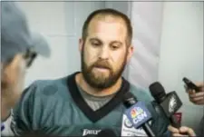  ?? CHRIS SZAGOLA — THE ASSOCIATED PRESS ?? As a long snapper, Jon Dorenbos is used to looking at the world upside down. This week everyone at training camp — along with a national television audience — is taking a closer look at the Eagles’ veteran’s seemingly bottomless bag of tricks.