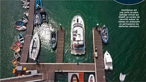  ??  ?? DockSense est une sorte de parebattag­e virtuel qui établit un cordon de sécurité autour du bateau en analysant en permanence les obstacles alentours.