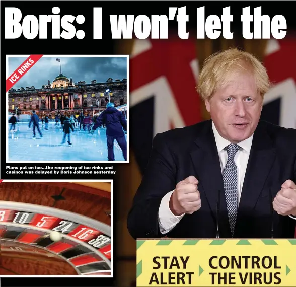  ??  ?? Plans put on ice...the reopening of ice rinks and casinos was delayed by Boris Johnson yesterday