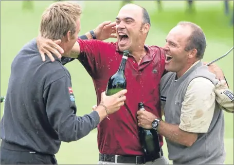  ?? Picture: SNS Group. ?? Reasons to be cheerful: Scottish Open winner Gregory Havret, centre, celebrates his win with fellow Frenchmen Thomas Levet, right, and Raphael Jacquelin at Loch Lomond in 2007.