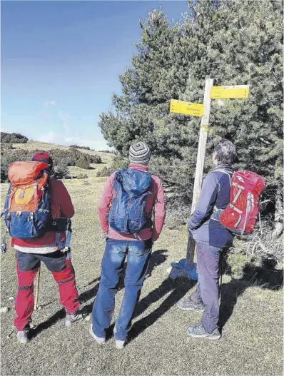  ?? ?? Tres senderista­s observan la señalizaci­ón en medio del recorrido en las Mallatas de Albella.
Alfredo Barberán