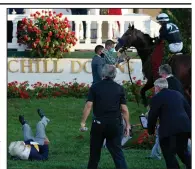 ?? (AP Photo/Jeff Roberson) ?? Trainer Bob Baffert is knocked to the ground as jockey John Velazquez attempts to control Authentic in the winner’s circle after the 146th running of the Kentucky Derby at Churchill Downs in Louisville, Ky., on Saturday. Baffert won his record-tying sixth Derby.