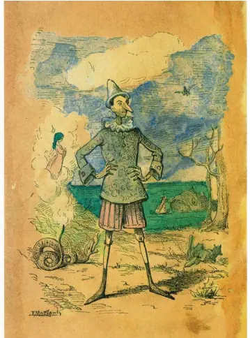  ??  ?? Enrico Mazzanti définit en 1883 la silhouette de Pinocchio. Frederik Peeters le voit en gangster des banlieues et Topor en polisson.