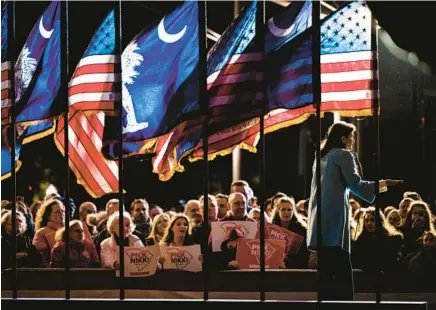  ?? BRANDON BELL/GETTY ?? Republican presidenti­al candidate Nikki Haley speaks at a campaign rally on Feb. 4 in Charleston, South Carolina.