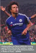  ??  ?? Chelsea striker Loic Remy celebrates scoring against Stoke City during Tuesday’s League Cup 4th round match at the Britannia Stadium in Stoke-on-Trent. – AFPPIX