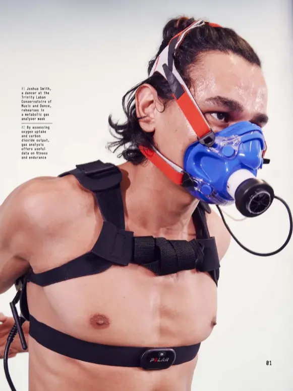  ??  ?? 01 Joshua Smith, a dancer at the Trinity Laban Conservato­ire of Music and Dance, rehearses in a metabolic gas analyser mask 02 By assessing oxygen uptake and carbon dioxide output, gas analysis offers useful data on fitness and endurance