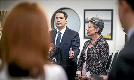  ??  ?? National Party leader Simon Bridges and his deputy, Paula Bennett, hold a press conference announcing National MP Jami-Lee Ross would be taking leave due to ill health. LAWRENCE SMITH/STUFF