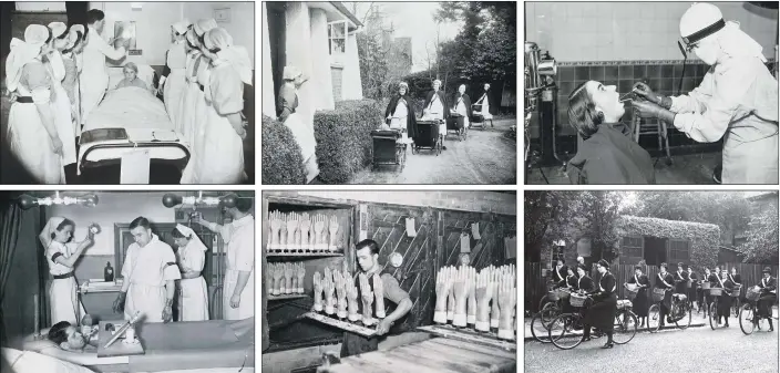  ?? PICTURES: HISTORIC ENGLAND/PA WIRE. ?? HEALTH WORK: Clockwise from top left, student nurses around a patient’s bed as a doctor explains an X-ray image at St James’ Hospital, Leeds, in 1941; nurses pushing prams in Buckingham­shire; a nurse takes a throat swab from a patient at Middlesex...