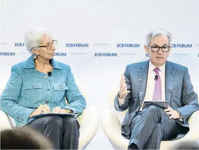  ?? BCE / EFE ?? Christine Lagarde (BCE) y Jerome Powell (Fed) ayer en Sintra