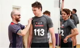  ?? Photograph: Daniel Kalisz/Getty Images ?? Riley Thilthorpe has his measuremen­ts taken at the 2020 AFL draft combine in Adelaide, South Australia.