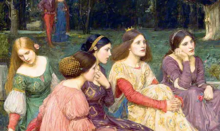  ??  ?? Sguardi femminili John William Waterhouse: «A Tale from the Decameron » (1916)