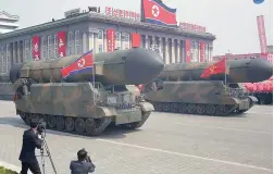  ?? -AP ?? Missiles are paraded across Kim Il Sung Square during a military parade on Saturday in Pyongyang, North Korea.