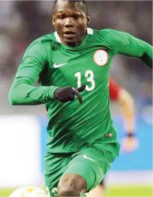  ??  ?? Mustapha Ibrahim for home-based Super Eagles against Libya at the 2018 CHAN in Morocco