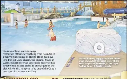  ??  ?? Visitors can buy day passes to the indoor wave pool, which has giant water slides and a 24-person whirlpool, at the Cape Codder Resort & Spa in Hyannis.