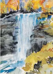  ??  ?? Eileen Romaker, Escarpment Cascade, watercolou­r, 13 by 10 inches. Private collection.