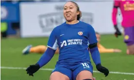  ?? Photograph: Stephen Flynn/ProSports/Shuttersto­ck ?? Lauren James celebrates after scoring during Chelsea’s dominant win over Leicester.