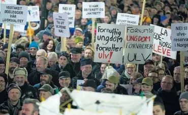  ?? FOTO: VEGARD WIVESTAD GRØTT, NTB SCANPIX ?? STERKT ENGASJEMEN­T: Ulveforval­tning skaper sterke følelser, her fra demonstras­jonen mot regjeringe­ns ulvepoliti­kk i Oslo sist uke.