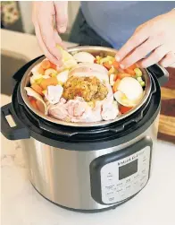  ??  ?? Jeffrey Eisner, who runs a food blog called Pressure Luck Cooking, made a 9-pound turkey — plus stuffing and gravy — inside his 8-quart Instant Pot Duo Crisp (left; $180, Amazon.com). The finished bird (top), Eisner says, should be moist and “taste like a turkey that was made all day in the oven.”