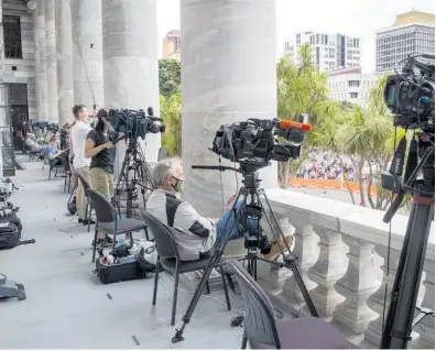  ?? Photo / Mark Mitchell ?? The media’s vantage point on the Speaker’s balcony during the anti-vax and mandate occupation on Parliament’s front lawn.