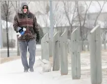  ?? TED RHODES ?? Buddy, a 10-year-old Maltese Bichon, doesn’t appear to mind the cold as he goes on the morning leg of his twice-daily jog around Douglasdal­e with his owner Garth MacKenzie on Thursday.