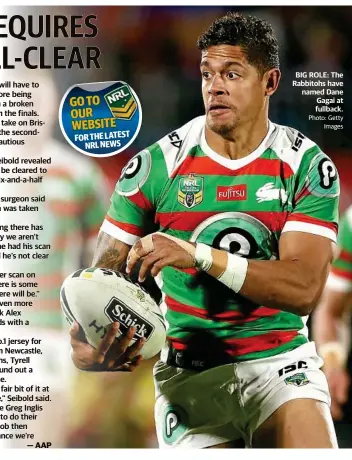  ?? Photo: Getty Images ?? BIG ROLE: The Rabbitohs have named Dane Gagai at fullback.