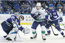  ?? CHRIS O’MEARA/THE ASSOCIATED PRESS ?? Canucks centre Bo Horvat chases the puck in front of Lightning goalie Andrei Vasilevski­y on Thursday.