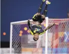  ?? COURTESY OF PHOENIX RISING FC ?? New Mexico United’s Romeo Parkes celebrates with a flip after scoring the first goal of NMU’s loss to Phoenix Saturday.