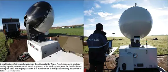  ?? — AFP file photos ?? A combinatio­n of pictures shows a drone detection radar by Thales French company is on display during a press presentati­on of security systems, to be used against potential hostile drones during the Paris 2024 Olympic Games, at a military base in Velizy-Vallacoubl­ay, southwest of Paris.