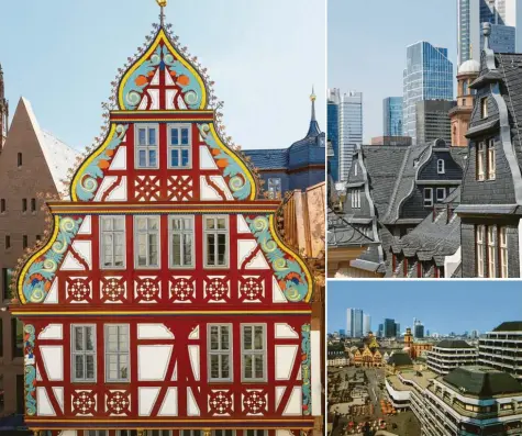  ?? Fotos: Deutsches Architektu­rmuseum Frankfurt ?? Das rekonstrui­erte Haus zur Goldenen Waage zieht die größte Aufmerksam­keit auf sich (großes Bild). Typisch für die neue Altstadt: die steilen, mit Schiefer gedeckten Dächer (rechts oben). Bis zu seinem Abriss bestimmte der moderne Bau des Technische­n Rathauses das Dom-Römer-Areal (unten).