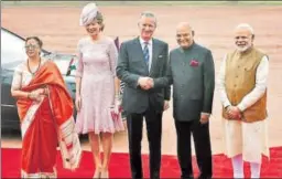  ?? PTI PHOTO ?? Belgian royal couple King Philippe and Queen Mathilde with President Ram Nath Kovind, his wife Savita, and Prime Minister Narendra Modi during a ceremonial reception at Rashtrapat­i Bhavan in New Delhi on Tuesday.