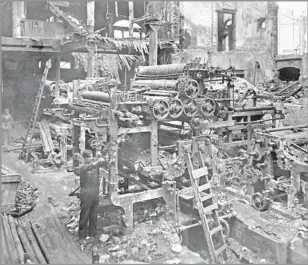  ?? Los Angeles Times Collection ?? THE TIMES pressroom lies in ruins after a trade unionist’s bombing in 1910. The terror attack killed 21 people and hardened the ownership’s anti-union stance for decades to come.